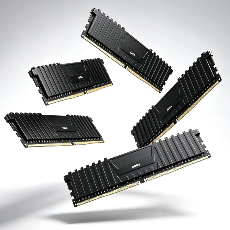 Five DDR4 memory modules in suspended arrangement